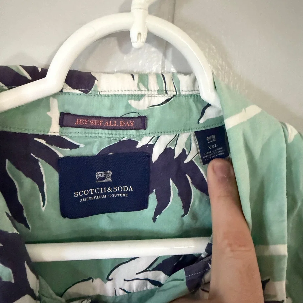 Scotch & Soda Button Down Shirt Mens XXL Green Palm Tree Print Short‎ Sleeve